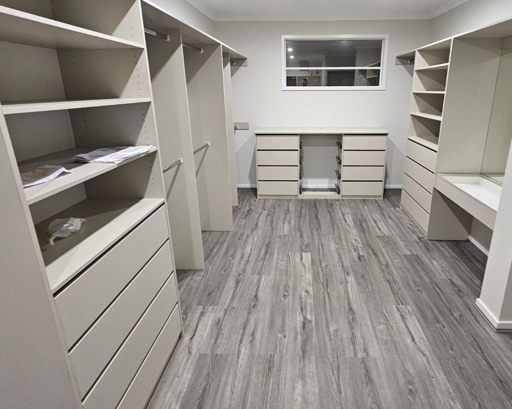 Walk in robe made from Laminex Paperbark Airgap Drawers Silver-Hang Rail